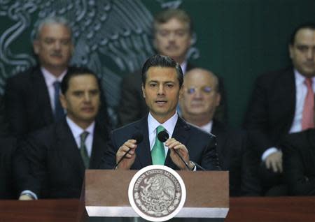 Mexico's President Enrique Pena Nieto gives a speech after signing into law a radical reform of the country's energy market at the National Palace in Mexico City December 20, 2013. REUTERS/Henry Romero