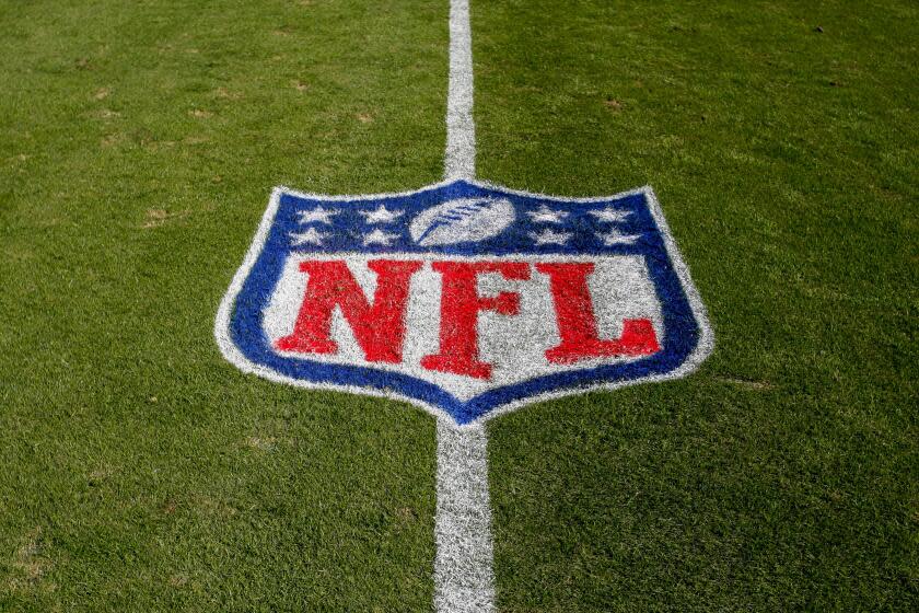 NFL logo on the field at the Bank of American Stadium before an NFL football game between the Tampa Bay Buccaneers and the Carolina Panthers in Charlotte, N.C., Sunday, Nov. 4, 2018. (AP Photo/Nell Redmond)