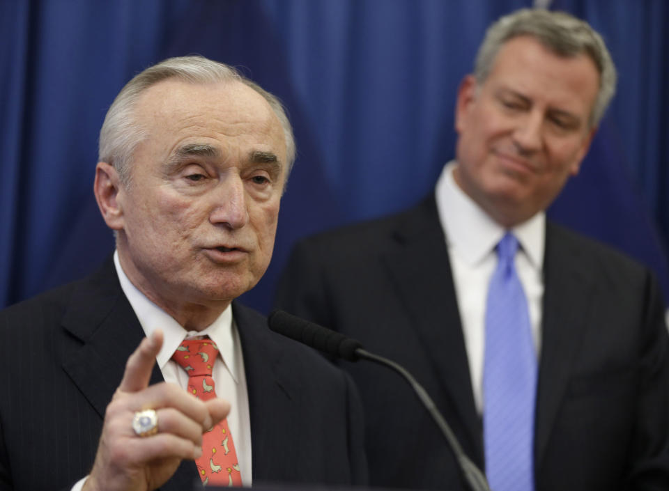FILE - In this Dec. 5, 2013, file photo, William Bratton, left, speaks while New York Mayor-elect Bill de Blasio looks on during a news conference in New York introducing Bratton as de Blasio's choice for New York City police commissioner. De Blasio’s first 100 days as mayor of NYC were marked in nearly equal measures by accomplishing campaign goals and committing political blunders. During that time he withdrew the city’s challenge to federal oversight of the crime-fighting tactic of stop-and-frisk, which allows police to stop anyone deemed acting suspiciously but critics say discriminates against blacks and Hispanics. (AP Photo/Seth Wenig, File)
