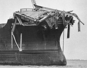 9th May 1980: Debris from the Sunshine Skyway Bridge perched on the bow of the freighter 'Summit Venture' after the vessel rammed the bridge during a thunderstorm at Tampa Bay, Florida (Photo by Keystone/Getty Images)