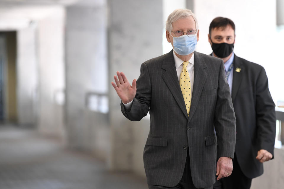 Senate Majority Leader Mitch McConnell of Ky., arrives for a Republican luncheon on Capitol Hill in Washington, Thursday, June 4, 2020. (AP Photo/Susan Walsh)