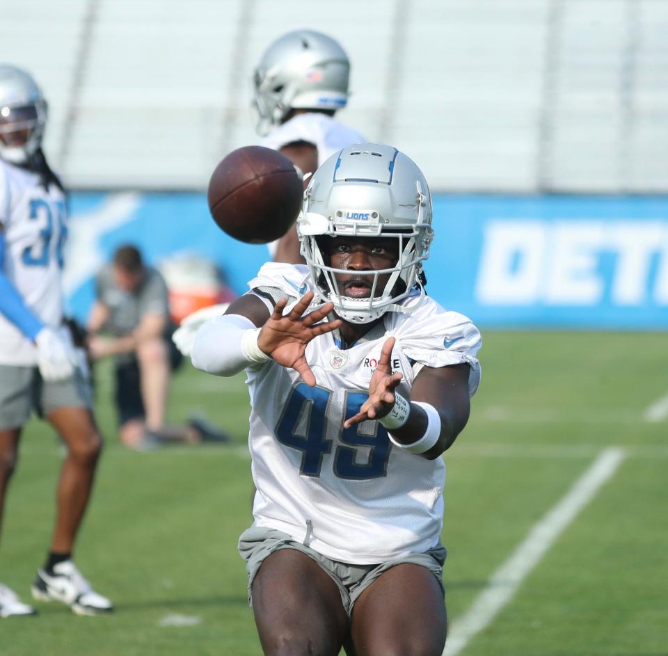 Detroit Lions rookie cornerback Starling Thomas V (49) goes through drills during training camp in Allen Park, Tuesday, July 25, 2023.