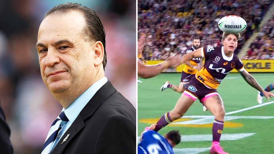 NRL boss Peter V'landys (pictured left) is reportedly keen to review whether the bunker should intervene in forward pass decision after the Reece Walsh incident against the Warriors on Saturday. (Images: Getty Images/Twitter)