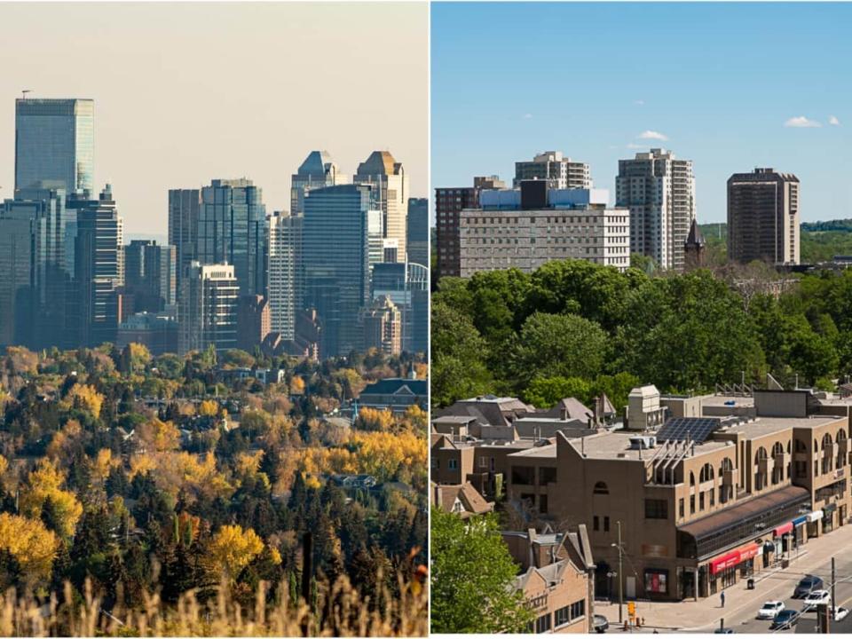 Calgary's skyline beside London, Ont.'s skyline. Analysts say as more Ontarians move to the western province, Alberta could be following in the same footsteps as southwestern Ontario years ago. (Rob Easton/David Donnelly - image credit)