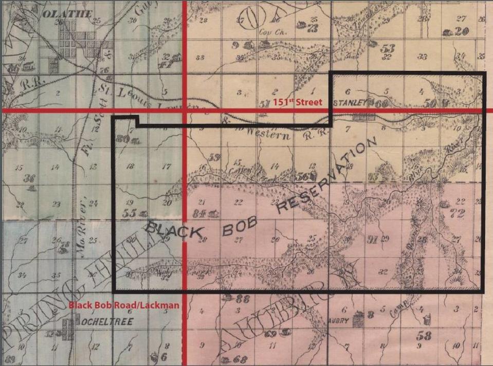 A page from the 1874 Atlas Map of Johnson County shows the 33,000 acres belonging to the Black Bob Band, with a modern street overlay indicating Black Bob Road in red.