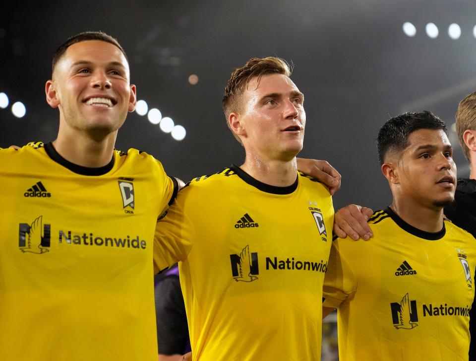 Jul 31, 2023; Columbus, OH, USA; Columbus Crew forward Christian Ramirez (17), defender Julian Gressel (7) and forward Cucho Hernández (9) celebrate after beating Club America 4-1 in the League Cup group match at Lower.com Field. 