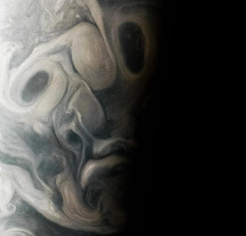 A region of Jet N7 on Jupiter in the shape of a face. - Image: <a class="link " href="https://www.nasa.gov/image-article/just-in-time-for-halloween-nasas-juno-mission-spots-eerie-face-on-jupiter/" rel="nofollow noopener" target="_blank" data-ylk="slk:Image data: NASA/JPL-Caltech/SwRI/MSSS Image processing by Vladimir Tarasov © CC BY;elm:context_link;itc:0;sec:content-canvas">Image data: NASA/JPL-Caltech/SwRI/MSSS Image processing by Vladimir Tarasov © CC BY</a>