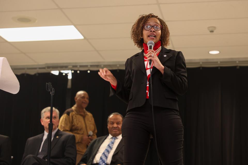 Tara Mosley, Akron councilwoman and mayoral candidate, speaks at the Akron mayoral debate presented by the Yours and Mine Akron United Communities Civics Watch Association at Robinson Community Learning Center in March.