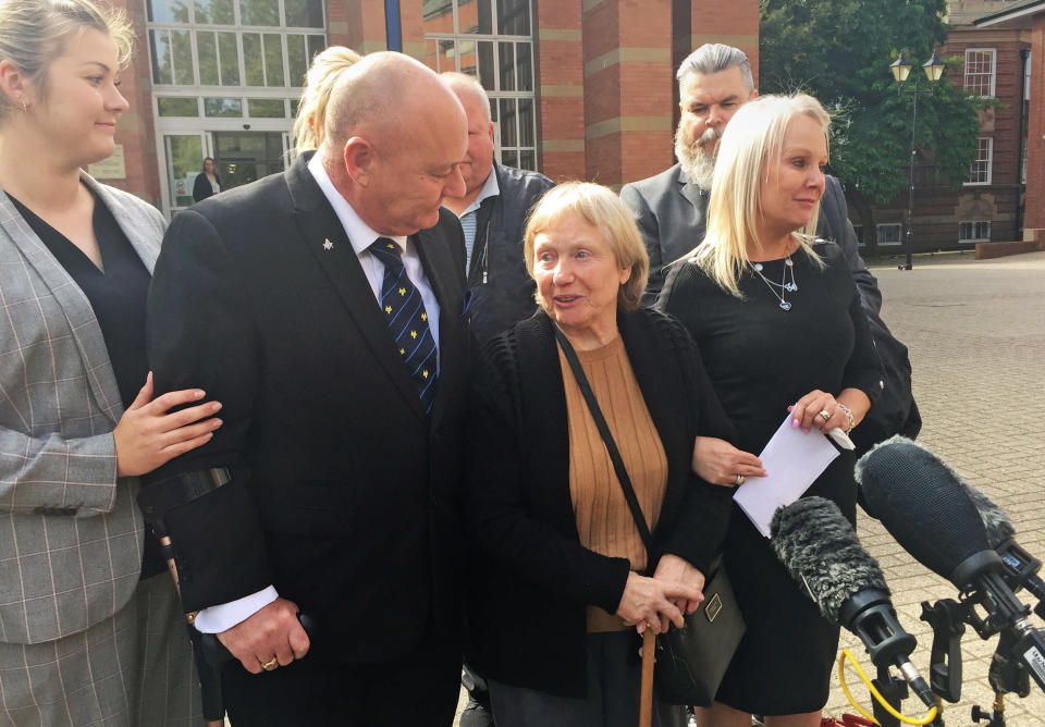 Mavis Eccleston, with daughter Joy Munn (right) and son Kevin, outside Stafford Crown Court after she was cleared of the murder and manslaughter of her husband Dennis. (PA)