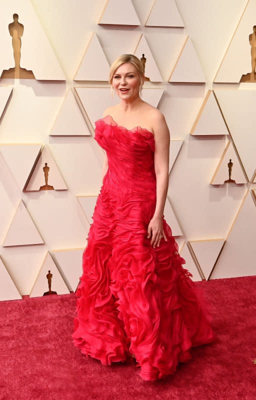 Kirsten Dunst arrives for the 94th annual Academy Awards at the Dolby Theatre in the Hollywood section of Los Angeles on March 27, 2022. The actor turns 42 on April 30. File Photo by Jim Ruymen/UPI