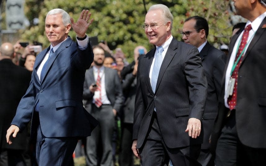 Vice President Mike Pence and Health and Human Services Secretary Tom Price leave the Capitol Hill Club on Capitol Hill March 24, 2017 - Credit: Getty