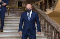 Sen. Mark Kelly, D-Ariz., arrives to deliver his maiden speech to the Senate, at the Capitol in Washington, Wednesday, Aug. 4, 2021. (AP Photo/Amanda Andrade-Rhoades)