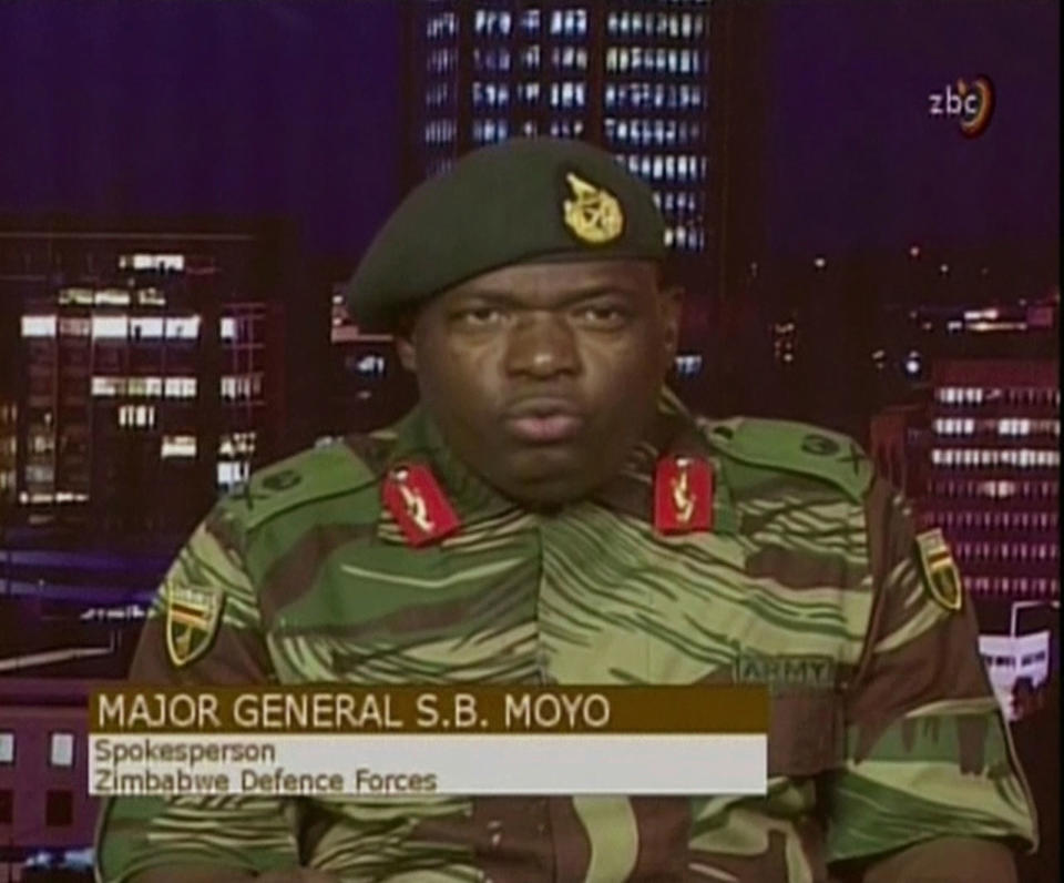 <p>In this image made from video, Major Gen. S.B. Moyo, Spokesperson for the Zimbabwe Defense Forces addresses to the nation in Harare, Zimbabwe Wednesday, Nov. 15, 2017. (Photo: ZBC via AP) </p>