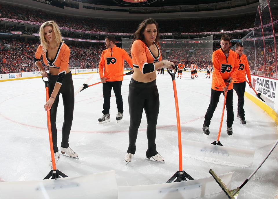 PHILADELPHIA, PA - OCTOBER 09: The Philadelphia Flyers ice girls returned to the ice along with male counterparts during the game against the New Jersey Devils at the Wells Fargo Center on October 9, 2014 in Philadelphia, Pennsylvania. (Photo by Bruce Bennett/Getty Images)