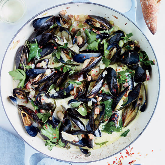 
 Mussels with Pancetta and Crème Fraîche