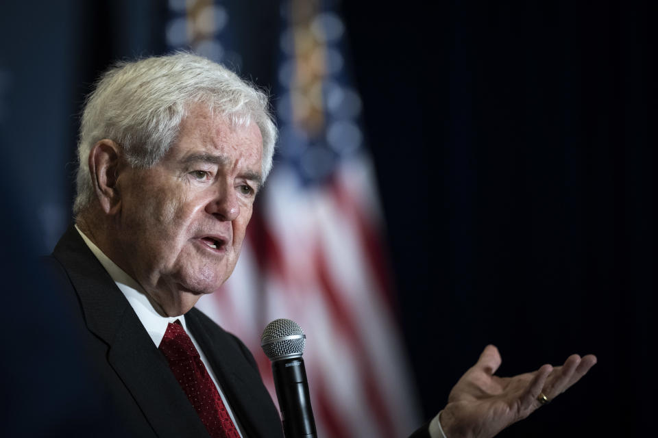 Former Speaker of the House Newt Gingrich speaks during the America First Agenda Summit on July 26, 2022 in Washington, D.C.  / Credit: Drew Angerer / Getty Images