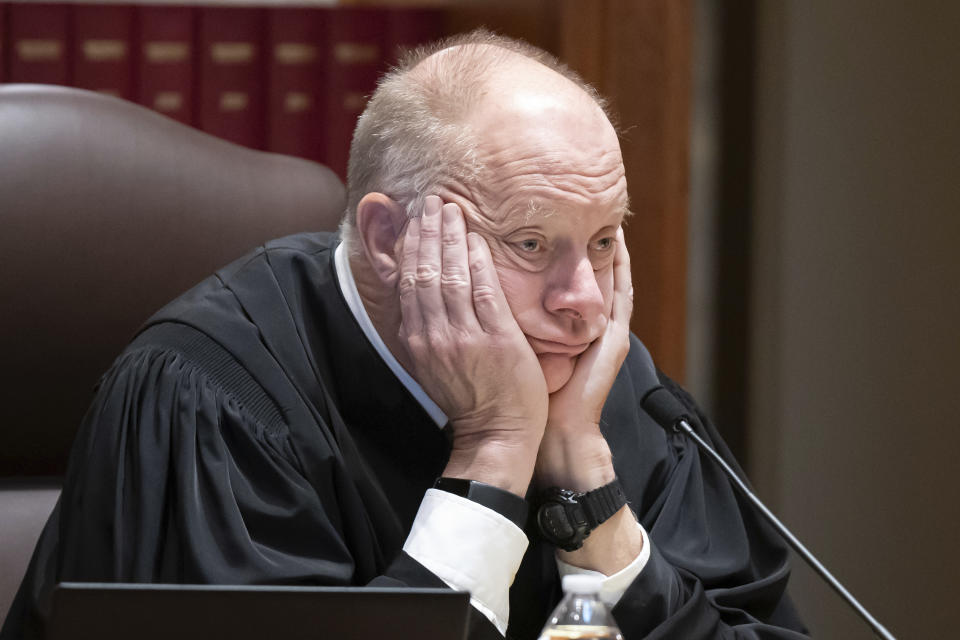 Minnesota Supreme Court Associate Justice Paul Thissen listens as the attorney for former President Donald Trump, Nicholas Nelson argues before the Minnesota Supreme Court Thursday, Nov. 2, 2023, in St. Paul, Minn., as the court hears arguments on the case to keep Trump off the ballot. (Glen Stubbe/Star Tribune via AP, Pool)