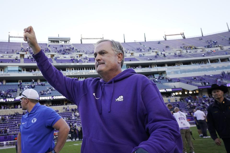 TCU head coach Sonny Dykes gestures as he hears the school song after an NCAA college football game against BYU, Saturday, Oct. 14, 2023, in Fort Worth, Texas. | LM Otero, Associated Press