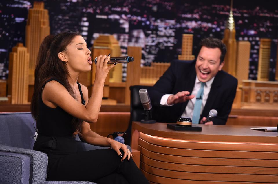 Ariana Grande performs in the "Wheel of Musical Impressions" game on "The Tonight Show Starring Jimmy Fallon" in 2015. It's the show's second-most viewed YouTube video.