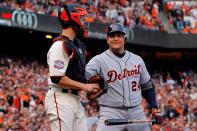 SAN FRANCISCO, CA - OCTOBER 24: Miguel Cabrera #24 of the Detroit Tigers looks at Buster Posey #28 of the San Francisco Giants in the first inning during Game One of the Major League Baseball World Series at AT&T Park on October 24, 2012 in San Francisco, California. (Photo by Doug Pensinger/Getty Images)