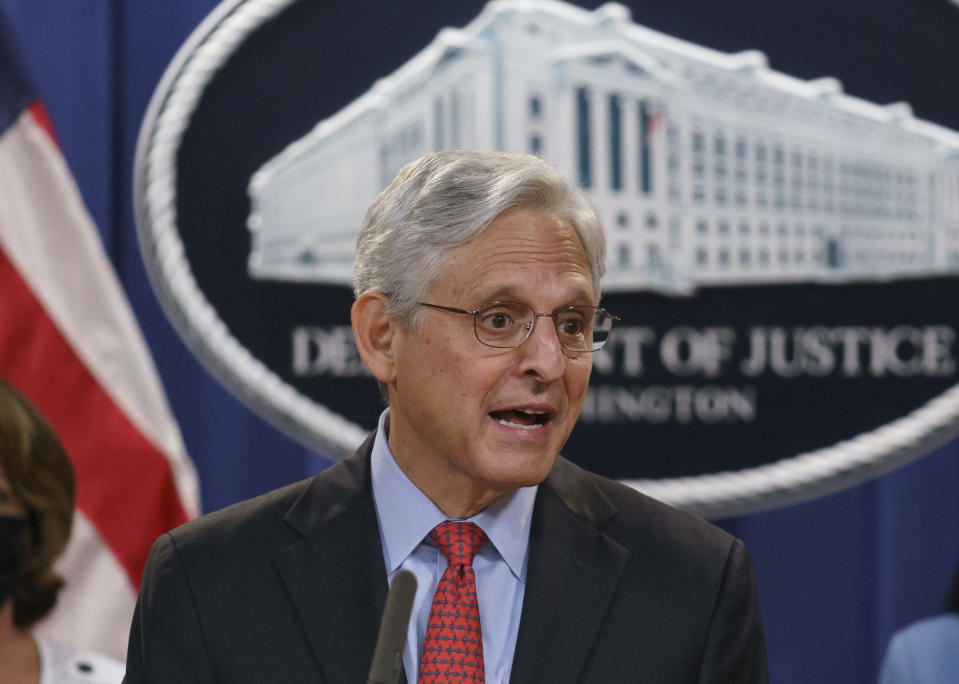 FILE - In this Sept. 9, 2021, file photo, Attorney General Merrick Garland announces a lawsuit to block the enforcement of a new Texas law that bans most abortions, at the Justice Department in Washington. On Friday, Oct. 8, The Associated Press reported on stories circulating online incorrectly claiming Garland has instructed the FBI to mobilize against parents who oppose critical race theory in public schools, citing ‘threats.’ (AP Photo/J. Scott Applewhite, File)