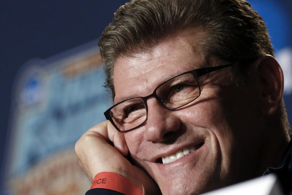 Connecticut head coach Geno Auriemma listens to a question during a news conference at the NCAA women's Final Four college basketball tournament Monday, April 7, 2014, in Nashville, Tenn. Connecticut is scheduled to face Notre Dame in the championship game Tuesday. (AP Photo/John Bazemore)