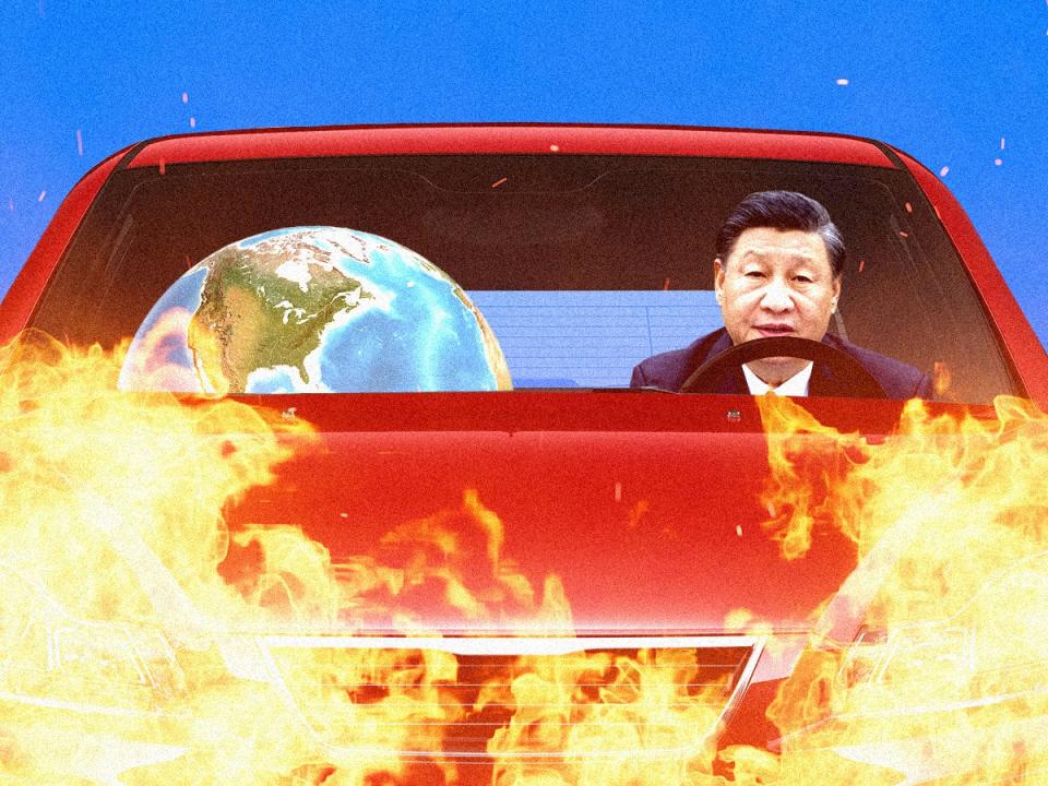 Xi Jinping driving a car into flames with a globe in the passengers seat