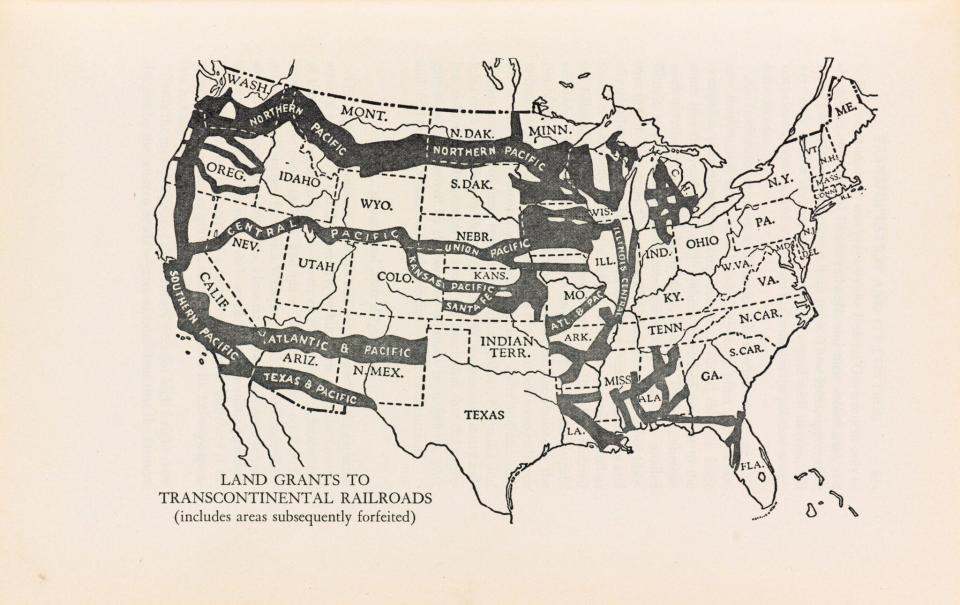 A 1942 map exaggerated railroad land grant holdings.