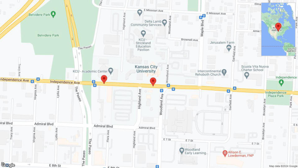 A detailed map that shows the affected road due to 'Independence Avenue/US-24 closed in Kansas City' on May 8th at 7:33 p.m.