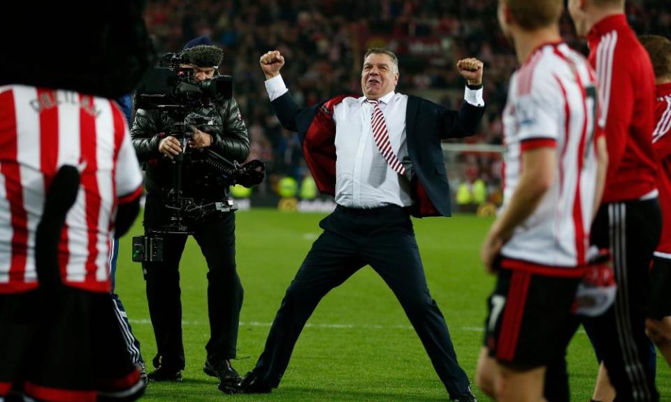 Sam Allardyce celebrates after the final whistle having seen his Sunderland side beat Everton 3-0.