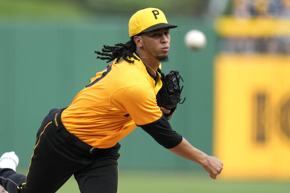 Pittsburgh Pirates starting pitcher Osvaldo Bido delivers during the first inning of a baseball game against the Milwaukee Brewers in Pittsburgh, Friday, June 30, 2023. (AP Photo/Gene J. Puskar)