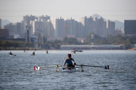 Rower Ha Jae-hun practises at Misari Rowing Stadium in Hanam