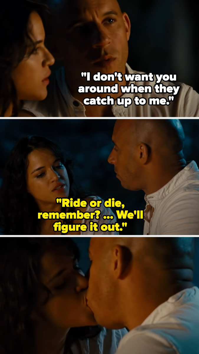 Vin Diesel and Michelle Rodriguez in a scene from Fast & Furious, with dialogue about loyalty and a close bond