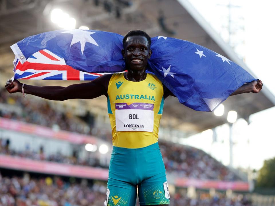 Australia’s Peter Bol celebrates after winning silver at the Commonwealth Games (REUTERS)