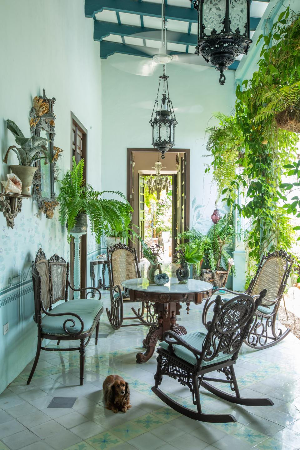 Another portion of the patio contains a sitting area featuring an Austrian bentwood settee circa 1910, a pair of Thonet rocking chairs, and another wicker pair that are antique. “This space is meant to take you back in time, to 1900,” says Skouras.