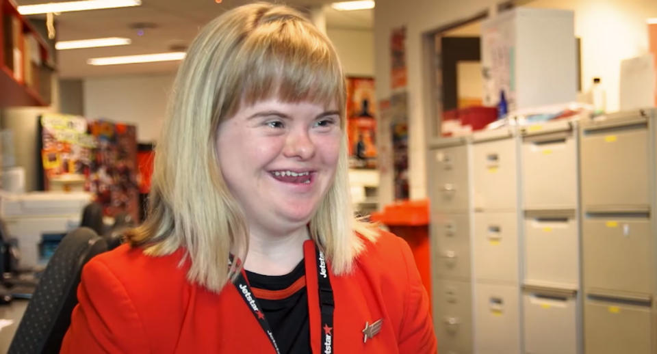 Georgia Knoll, who has Down syndrome, recently joined the Jetstar cabin crew for a flight from Brisbane to Mackay. Source: Jetstar Australia