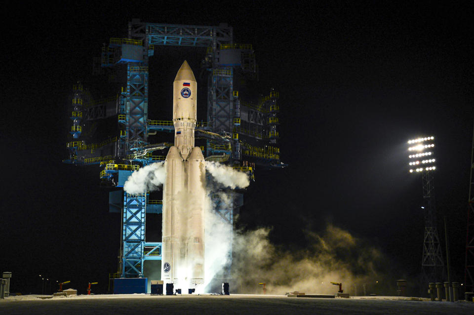 This photo taken on Dec. 14, 2020, and distributed by Russian Defense Ministry Press Service shows, a test launch of a heavy-class carrier rocket Angara-A5 from the launch pad of site No. 35 of the State Test Cosmodrome of the Ministry of Defence of the Russian Federation at Plesetsk launch facility in the Arkhangelsk Region of northwestern Russia. The Angara-A5 is the prospective heavy-lift rocket that is expected to enter service in the following years. (Russian Defense Ministry Press Service via AP)