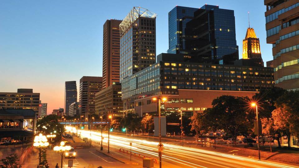 Downtown Baltimore at dusk, Maryland.