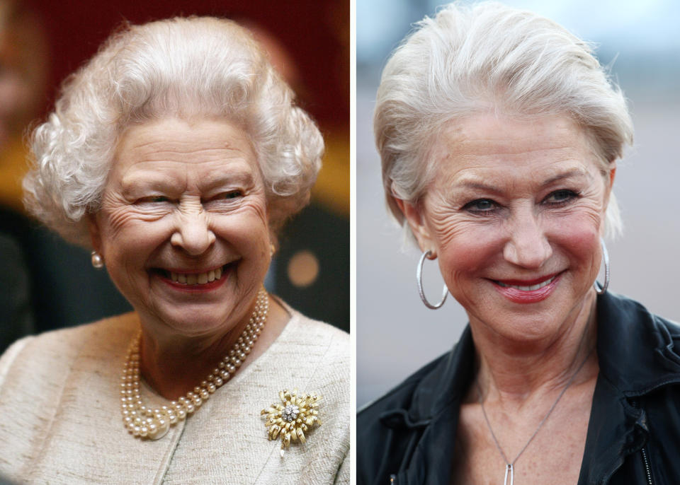 (FILE PHOTO) In this composite image a comparison has been made between Queen Elizabeth II (L) and Actress Dame Helen Mirren. Oscar hype begins this week with the announcement of the nominations for the 69th annual Golden Globes and the 18th Annual Screen Actors Guild Awards. Luise Rainer became the first actress to receive an Academy Award for her role in the 1936 biopic 'The Great Ziegfeld,' playing stage performer Anna Held. Over half of the last ten Oscars for best actor or actress have been for performances in a biopic. The trend continues this year with the nominations for actors Michelle Williams, Meryl Streep, Viggo Mortensen, Brad Pitt and Leonardo DiCaprio for their roles in 'My Week With Marilyn.' 'The Iron Lady,' 'A Dangerous Method,' 'Moneyball' and 'J Edgar.'  ***LEFT IMAGE****LONDON - NOVEMBER 28:   Britain's Queen Elizabeth II attends a reception at St James's Palace to mark the 350th aniversary of the re-establishment of the Jewish community in Britain, November 28, 2006 in London, England. (Photo by Pool/Anwar Hussein Collection/Getty Images)***RIGHT IMAGE***LONDON, ENGLAND - APRIL 19:  (UK TABLOID NEWSPAPERS OUT) Actress Dame Helen Mirren attends the European premiere of Arthur at the Cineworld O2 on April 19, 2011 in London, England.  (Photo by Dave Hogan/Getty Images)