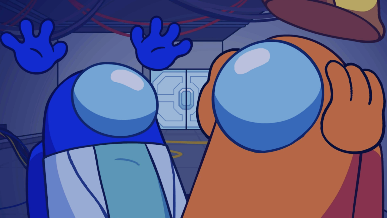  Blue and Orange crewmates getting scared . 