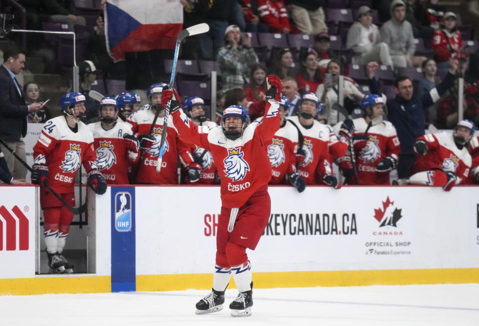 Czechia defender Dominika Laskova (14) reacts after defeating Finland 2-1 at the Women's World Hockey Championships in Brampton, Ontario, Thursday, April 13, 2023. (Nathan Denette/The Canadian Press via AP)