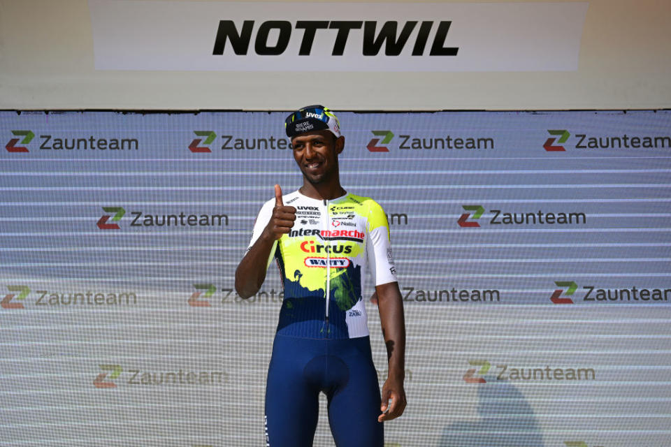 NOTTWIL SWITZERLAND  JUNE 12 Biniam Girmay of Eritrea and Team IntermarchCircusWanty celebrates at podium as stage winner during the 86th Tour de Suisse 2023 Stage 2 a 1737km stage from Beromnster to Nottwil  UCIWT  on June 12 2023 in Nottwil Switzerland Photo by Dario BelingheriGetty Images