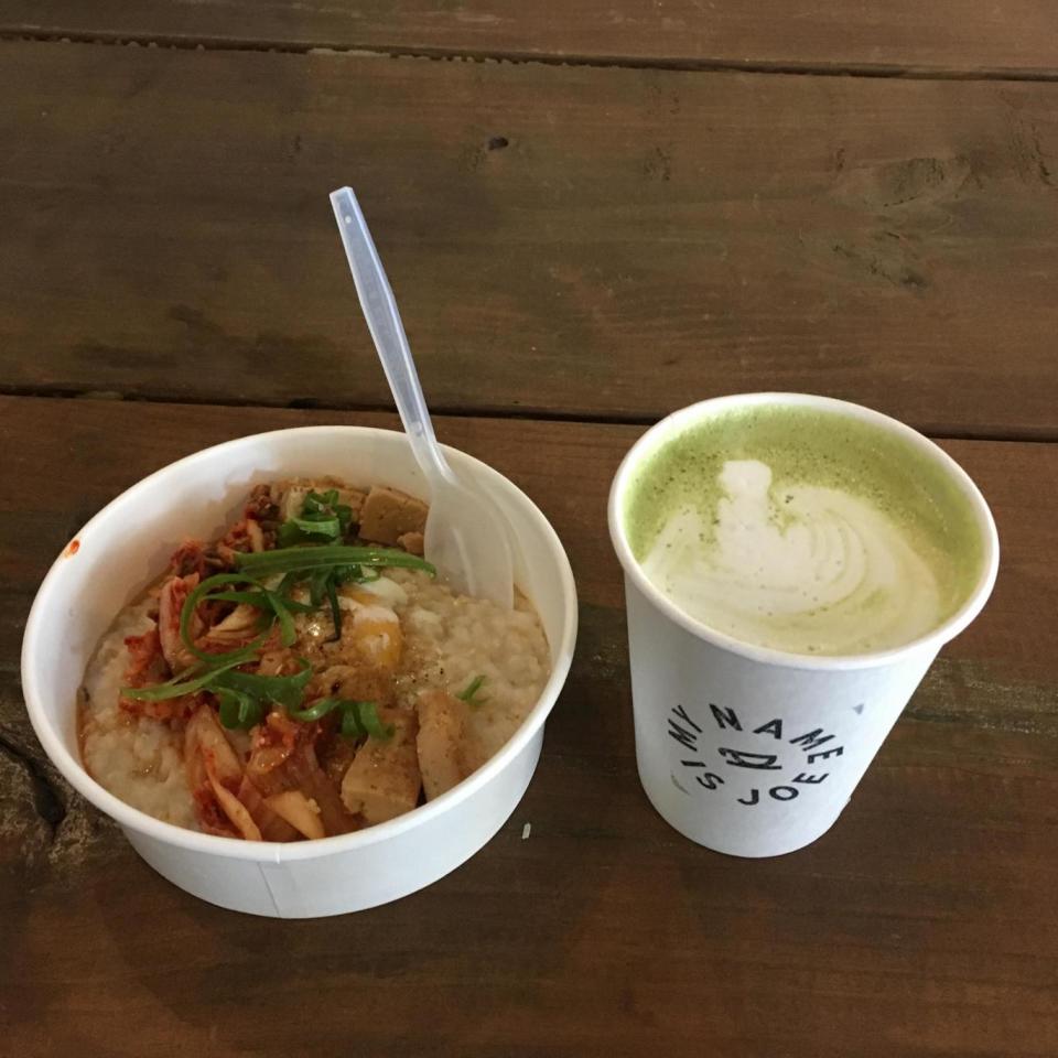 Kimchi brown rice porridge and a matcha latte at My Name Is Joe (Laura Chubb)