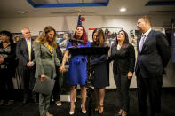 Christiana Sweetwood, mother of Marine Lance Cpl. Chase Sweetwood, Aleta Bath, mother of Pvt. 1st Class Evan Bath and Lupita Garcia, mother of Marine Lance Cpl. Marco Barranco appear alongside attorneys at a press conference at the Holiday Inn Oceanside on Thursday, July 29, 2021 in Oceanside, Calif. The families of eight Marines and one sailor who died when their amphibious assault vehicle sank off the Southern California coast in the summer of 2020 plan to sue the manufacturer of the vehicle that resembles an armored seafaring tank, their lawyers announced Thursday. (Sam Hodgson/The San Diego Union-Tribune via AP)