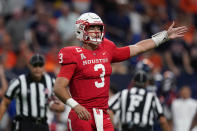 Houston quarterback Clayton Tune (3) calls for a first down during the second half of an NCAA college football game against UTSA , Saturday, Sept. 3, 2022, in San Antonio. (AP Photo/Eric Gay)