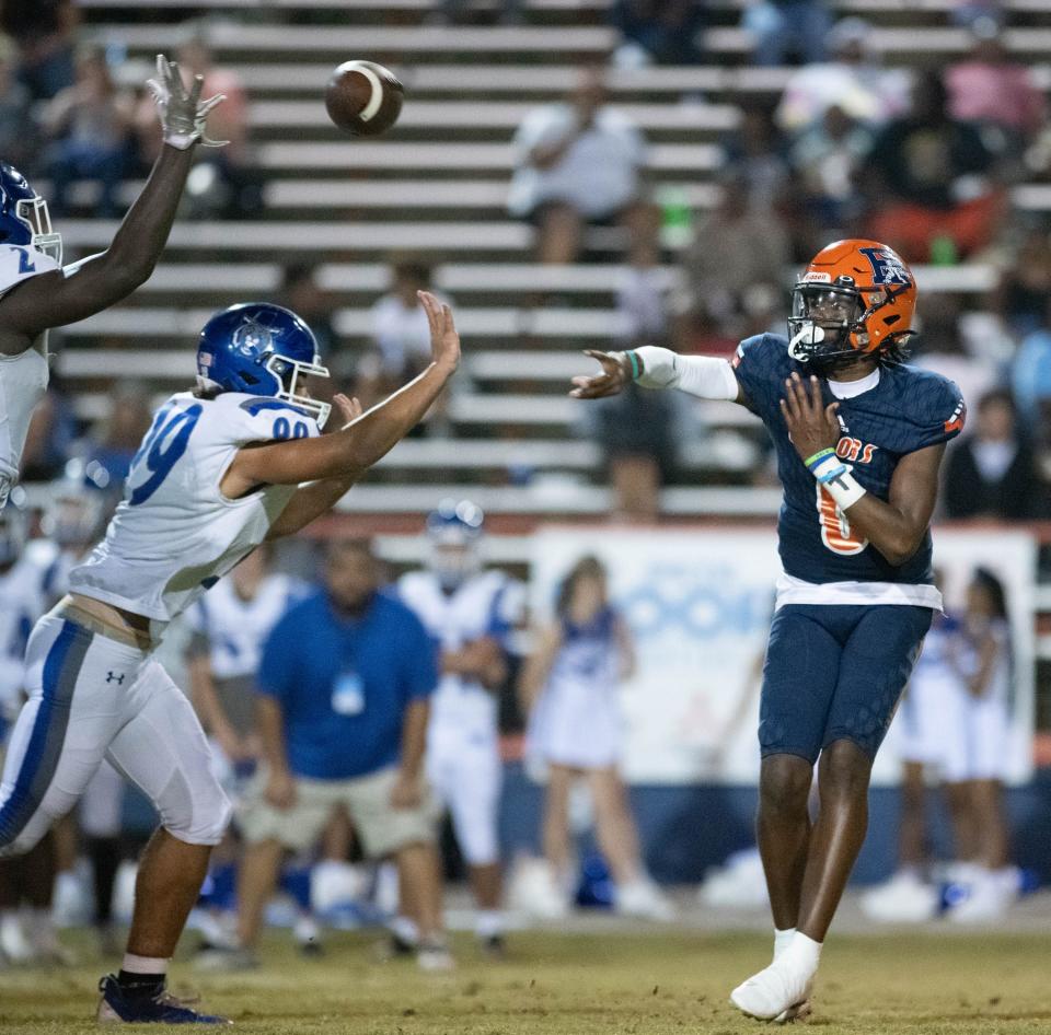 Quarterback Anthony Hall (6) passes during the Washington vs Escambia football game at Escambia High School in Pensacola on Friday, Sept. 29, 2023.