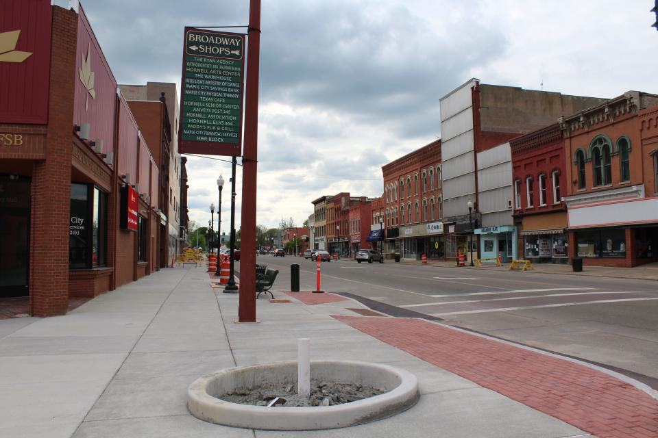 A view of Hornell's Streetscape and Alleyways Improvement Project in progress on May 14, 2024 with new sidewalks, brickwork and bumpouts. Phase 1, from March 4 to approximately mid-May, covers the south side of Main Street from the Burger King parking lot to the Broadway Mall, wrapping around the west side of Broadway.