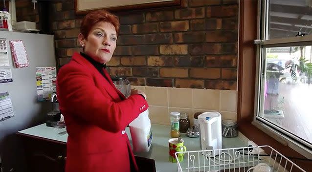Pauline Hanson makes a cup of tea using what appears to be Coles brand milk.