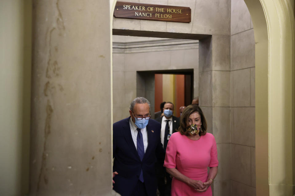 WASHINGTON, DC - AUGUST 07:  U.S. Speaker of the House Rep. Nancy Pelosi (D-CA) and Senate Minority Leader Sen. Chuck Schumer (D-NY) come out to speak to members of the press after a meeting with Treasury Secretary Steven Mnuchin and White House Chief of Staff Mark Meadows at the U.S. Capitol August 7, 2020 in Washington, DC.  (Photo by Alex Wong/Getty Images)