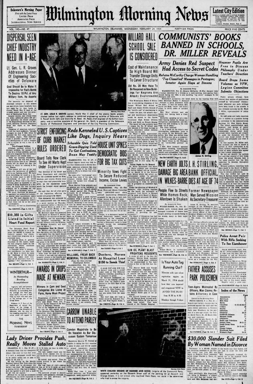 Front page of the Wilmington Morning News from Feb. 24, 1954.